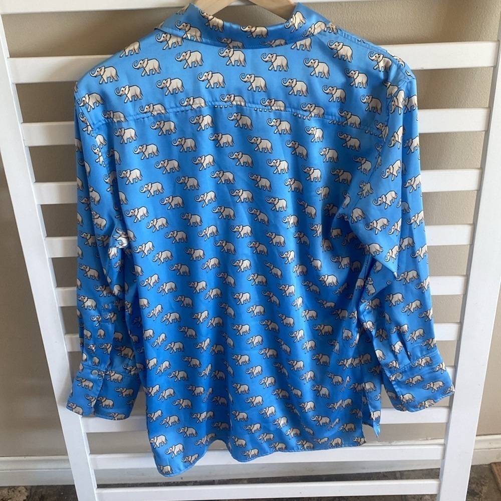 ZARA Baby Blue Elephant Print Button Down Long Sleeve Blouse Size Small - Picture 8 of 13